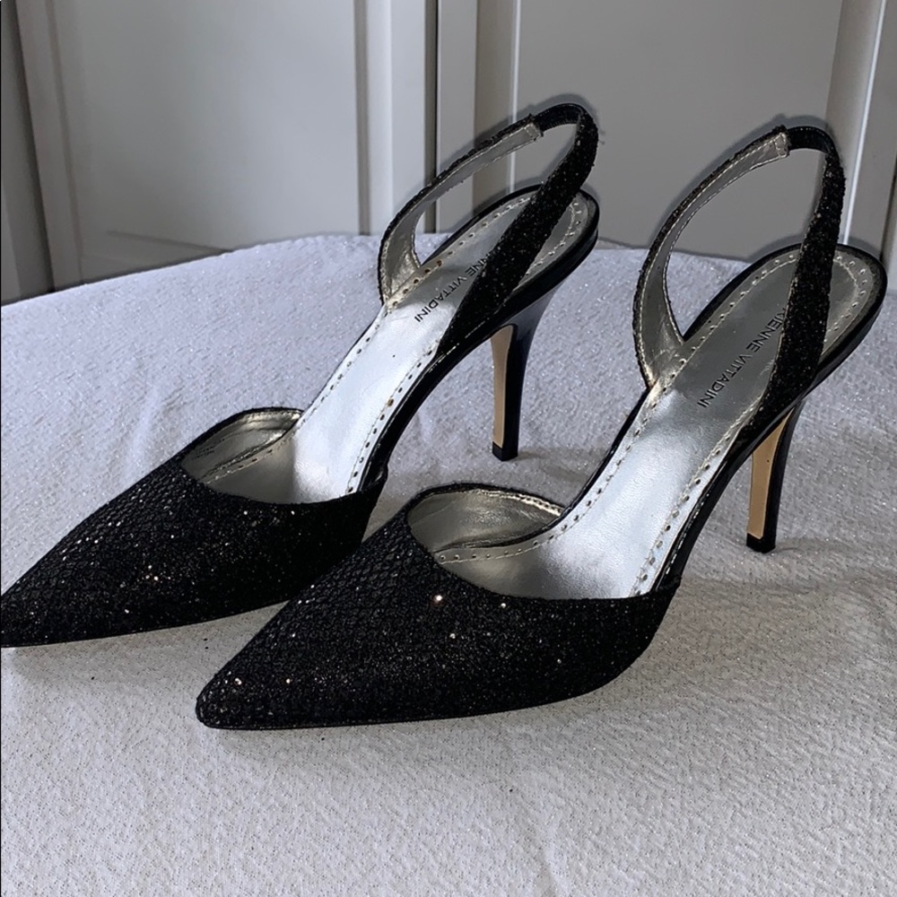 Adrienne Vittadini Black Glitter Slingback Pump